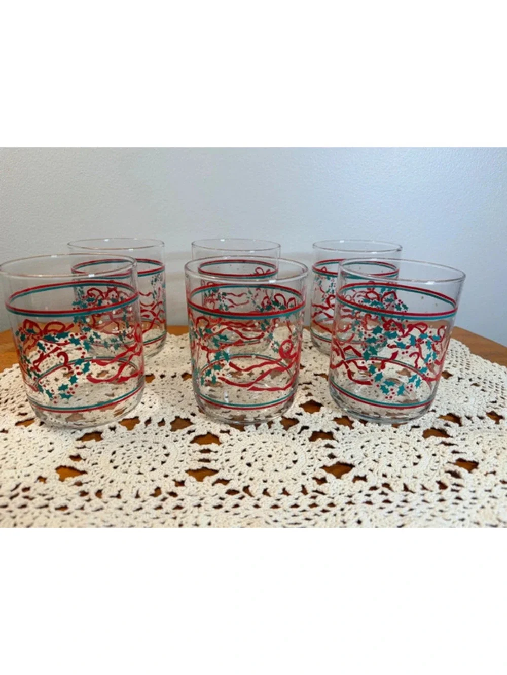 Vintage Christmas Holly & Ribbon Double Old Fashioned Glasses Set of 6